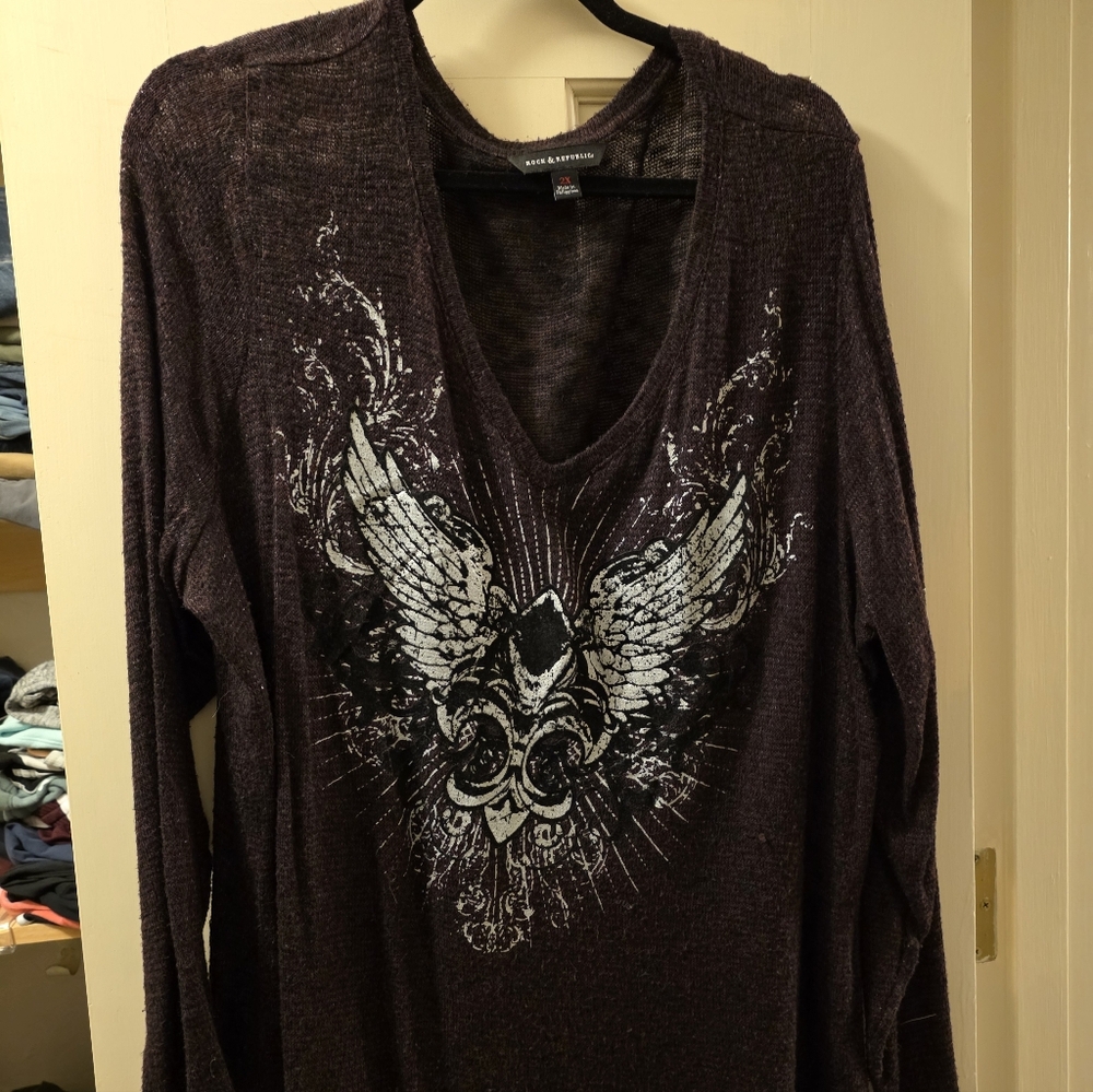 Rock & Republic Dark Purple Graphic Knit Top